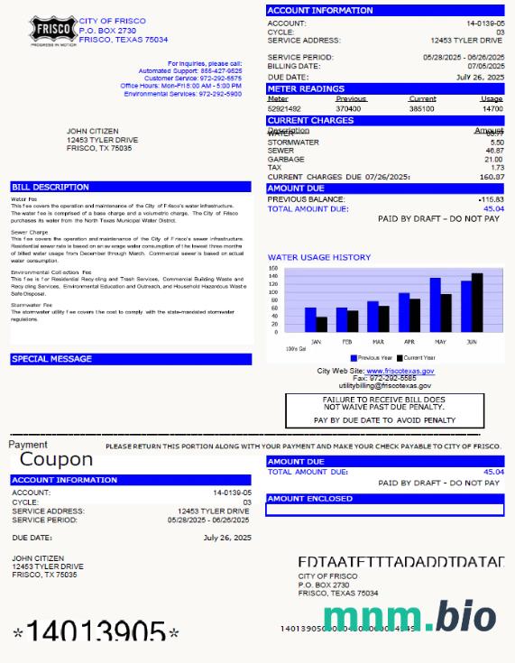 Szablon rachunku za media w mieście Frisco w formatach Word i PDF